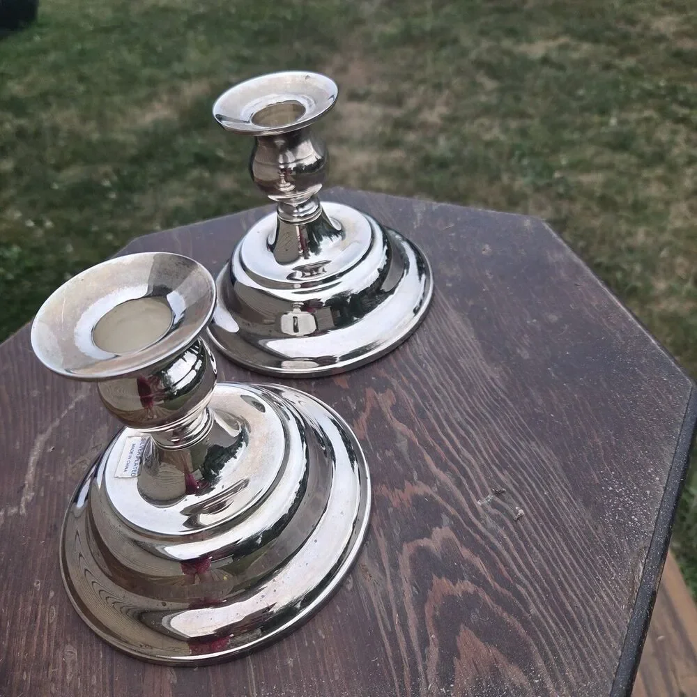 VTG Silver Plated Candlestick Holders Pair Round Base 4.5 Inch Taper